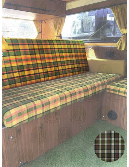 Westfalia Helsinki Full width rock and roll backrest cover beige plaid material.