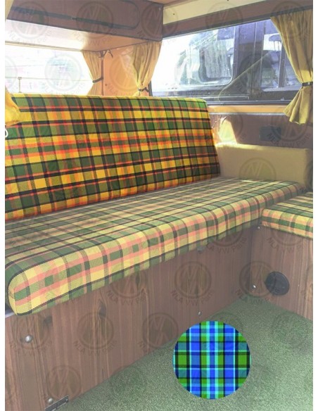 Westfalia Helsinki Full width rock and roll backrest cover blue plaid material.