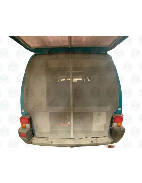 Mosquito net with grey fabric trim and combined poppers and drawstring connection to the tailgate
