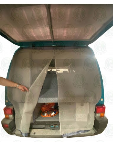Mosquito net with grey fabric trim and combined poppers and drawstring connection to the tailgate