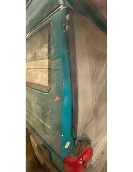 Mosquito net with grey fabric trim and combined poppers and drawstring connection to the tailgate